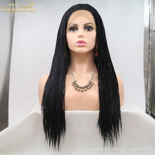 Long straight black cheap wholesale high quality heat resistant synthetic braided wig with lace front